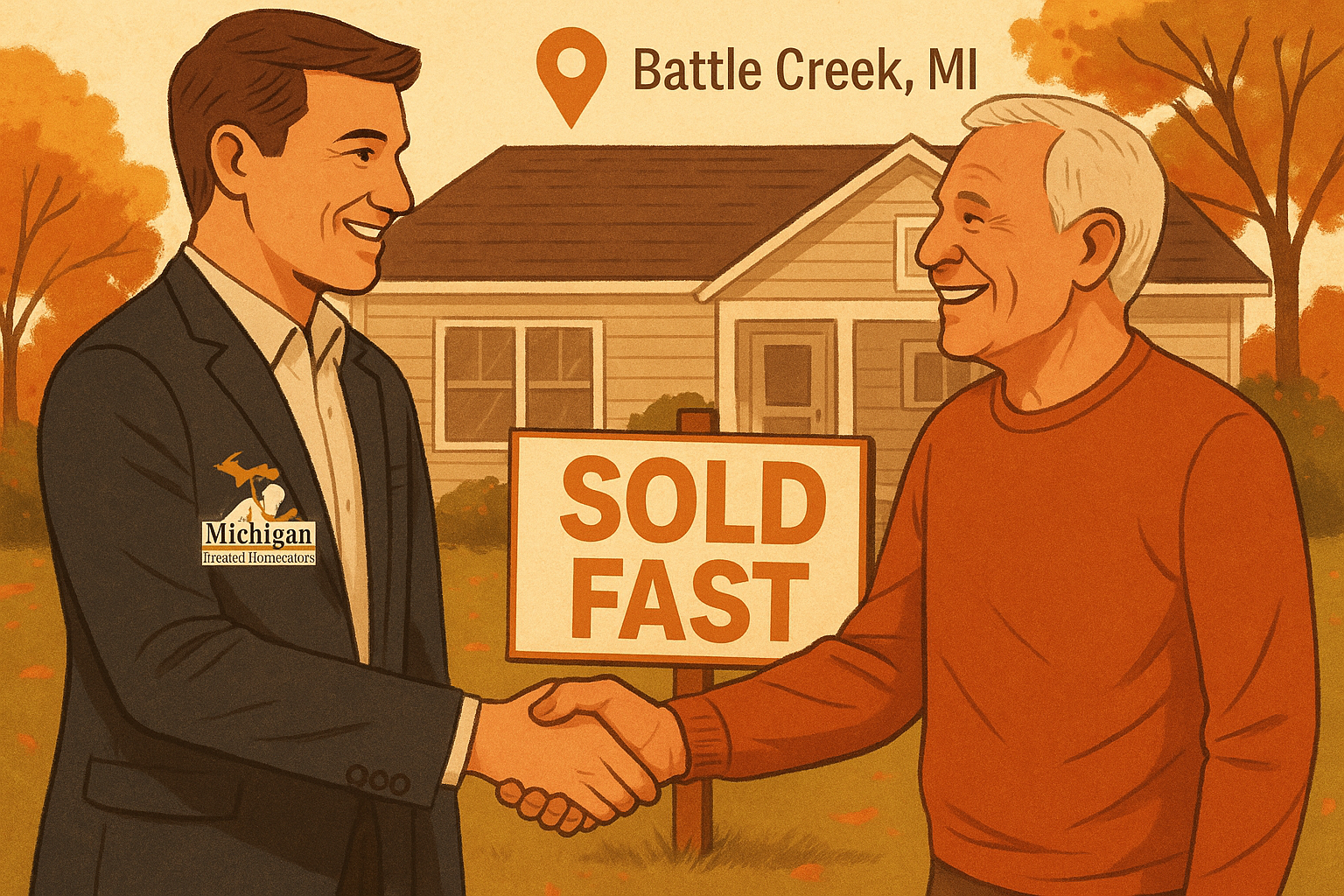 Illustration showing Michigan Trusted Homebuyers helping a homeowner in Battle Creek, Michigan sell their house fast and stress-free.