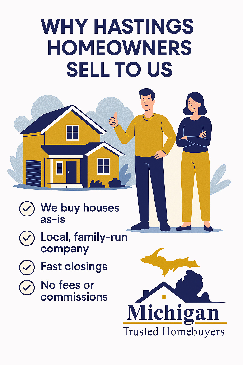 Digital illustration showing why homeowners in Hastings, MI sell to Michigan Trusted Homebuyers — featuring benefits like cash offers, fast closings, and stress-free service.
