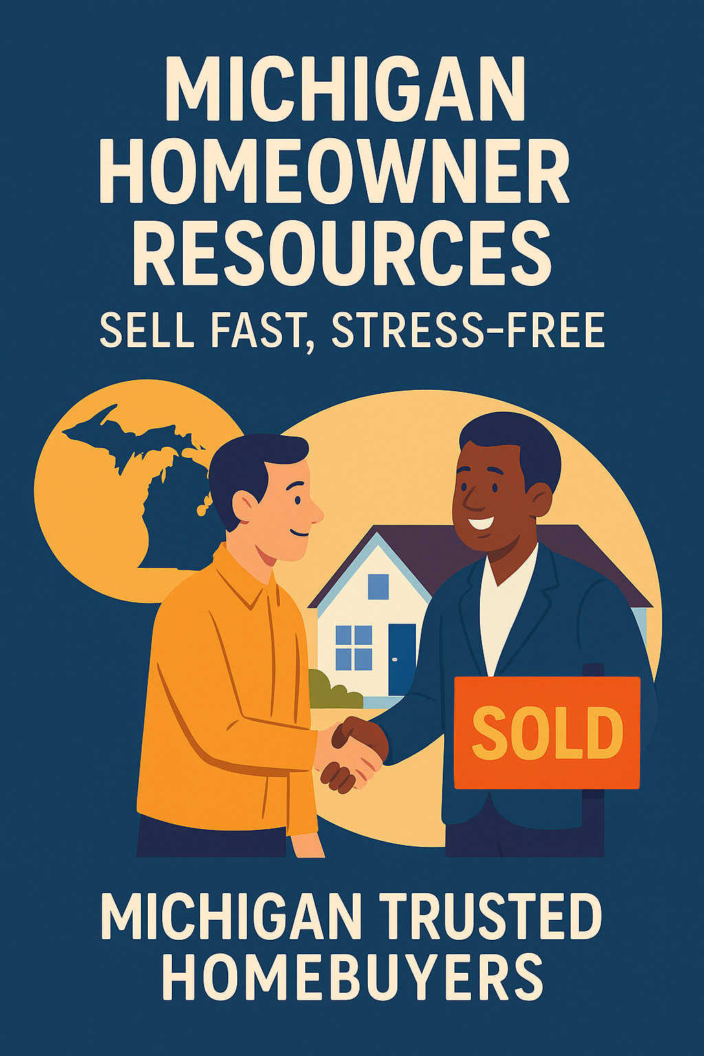 Flat-style digital illustration representing Michigan homeowner resources, including cash home selling, foreclosure help, inheritance, and real estate tips.