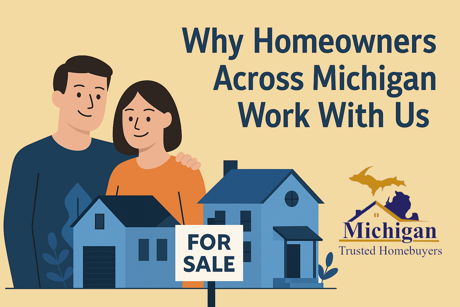 Happy Michigan homeowners standing in front of a sold house with a “We Buy Houses” sign — fast, fair, and local homebuyers