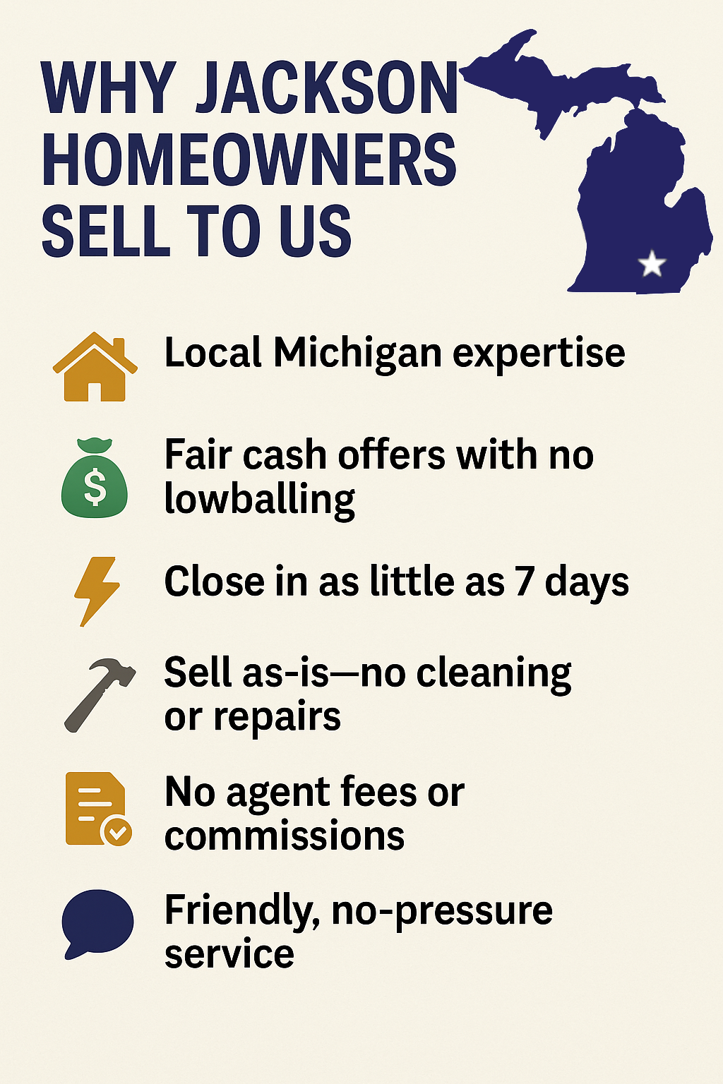Infographic showing why Jackson, Michigan homeowners choose Michigan Trusted Homebuyers to sell their homes fast, with benefits like fair cash offers, no repairs, and fast closings.