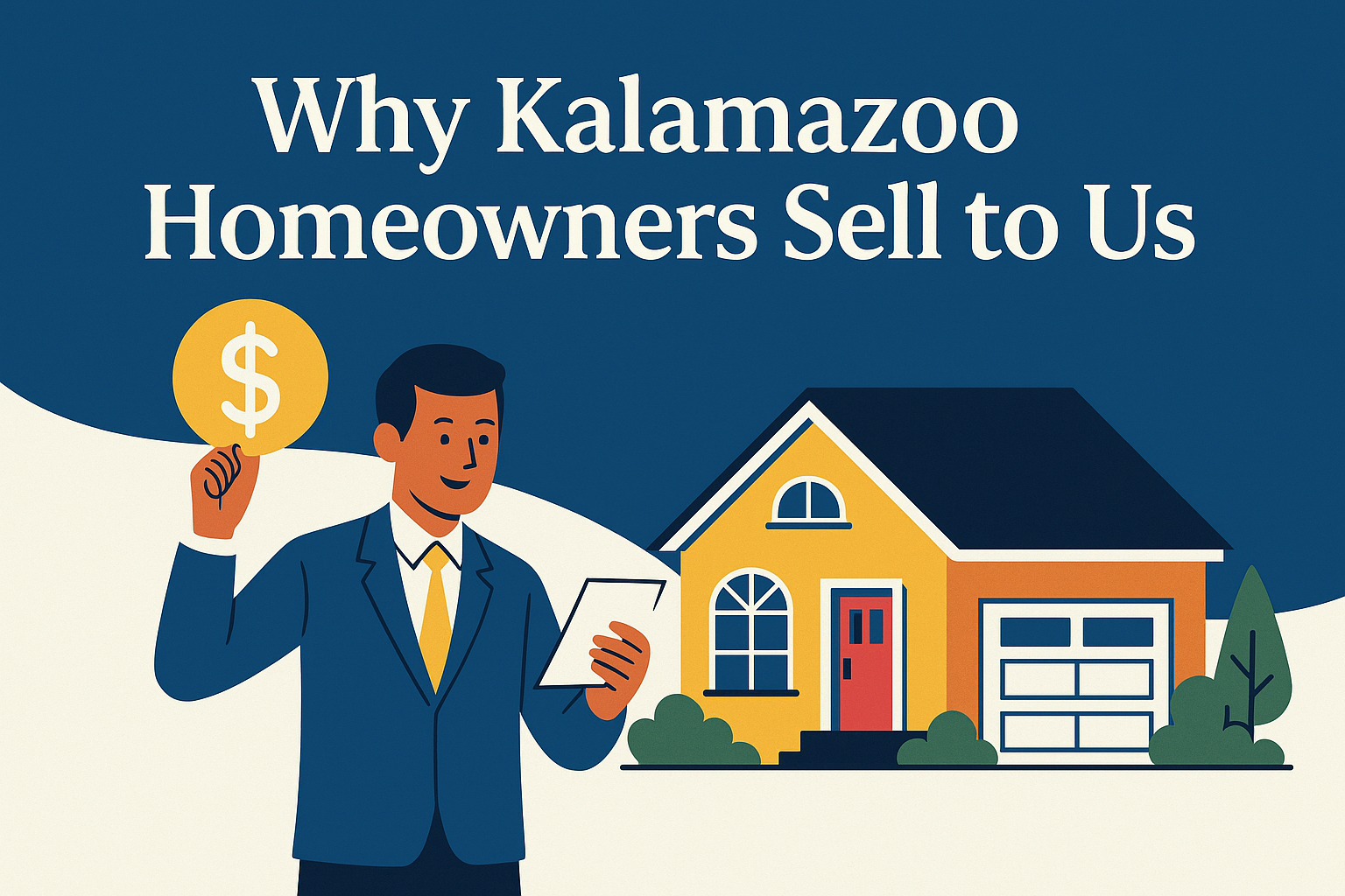Illustration of Kalamazoo homeowners selling their house to a local cash buyer