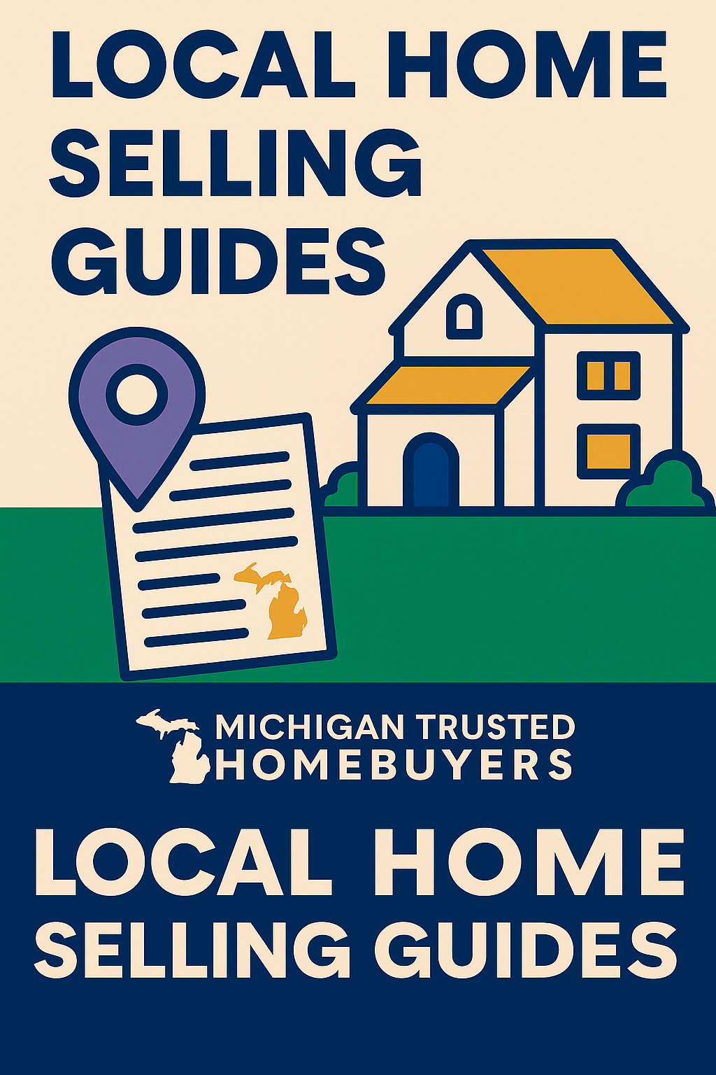 Digital illustration showing diverse Michigan homeowners and home types with icons representing cash offers, fast closings, and hassle-free sales