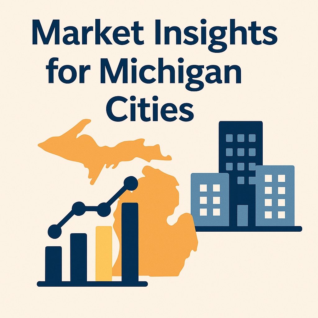 Flat-style infographic showing real estate market trends across Michigan cities like Grand Rapids, Kalamazoo, and Lansing..
