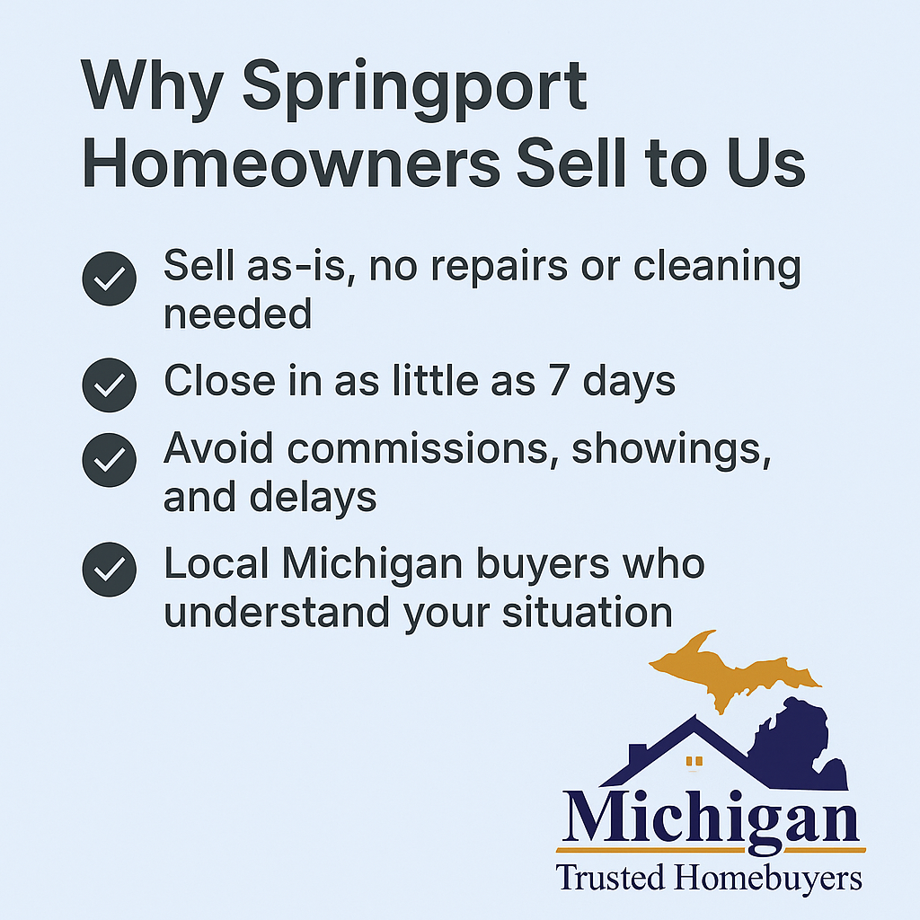 Illustration highlighting why homeowners in Springport, Michigan sell their houses to Michigan Trusted Homebuyers