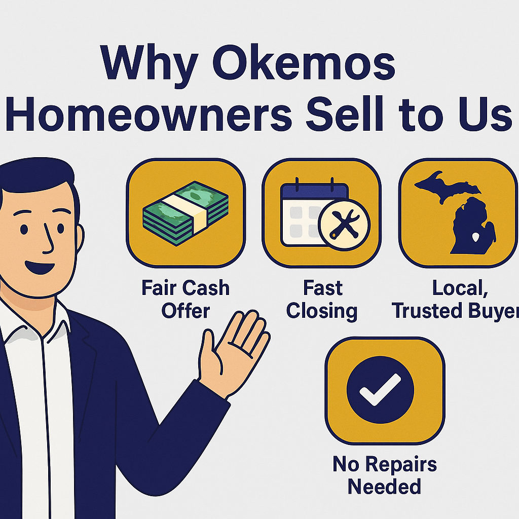 Illustrated graphic highlighting reasons Okemos homeowners choose to sell their homes fast to Michigan Trusted Homebuyers.