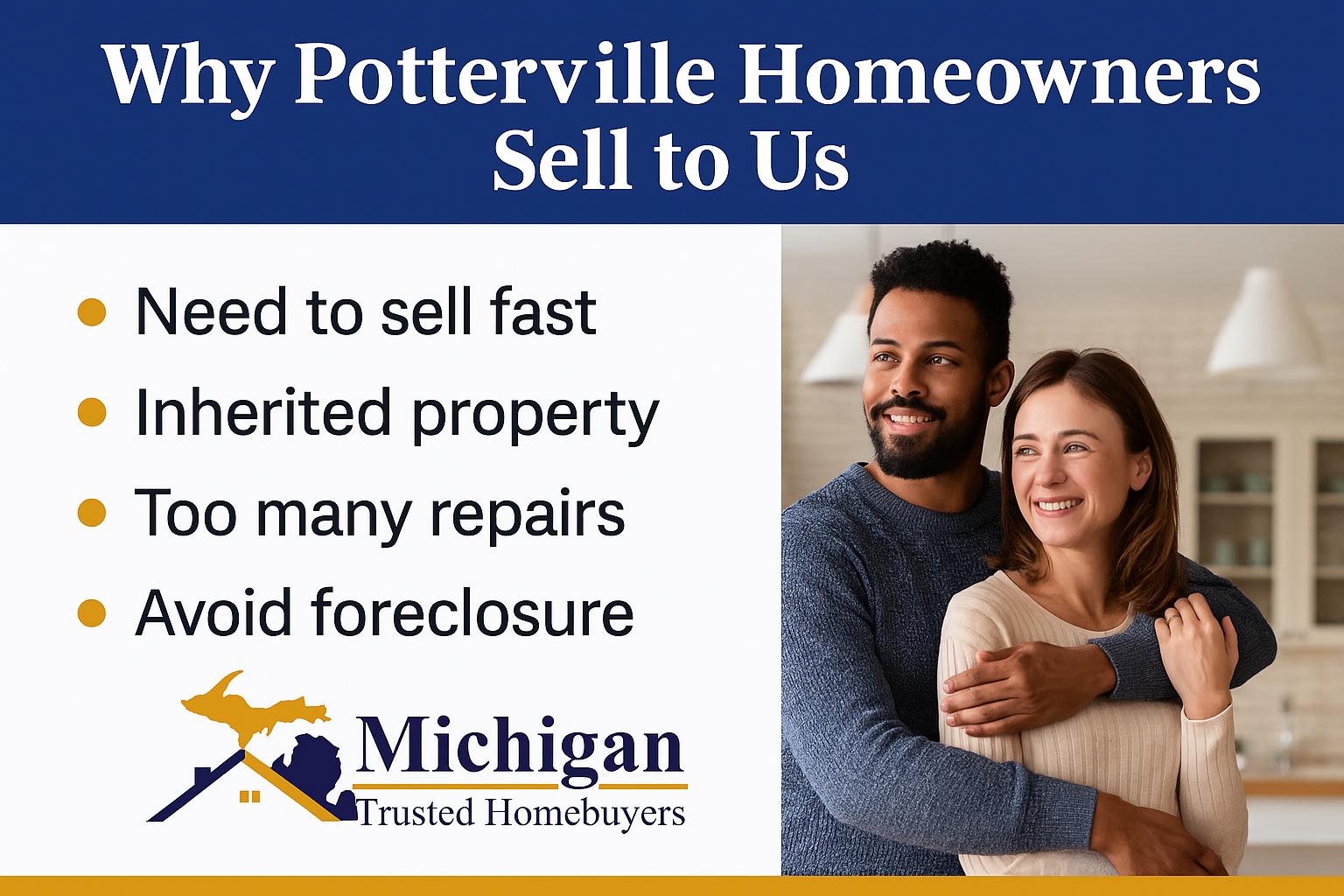 Illustration showing reasons Potterville, MI homeowners sell their homes to Michigan Trusted Homebuyers, including fast closings and cash offers.
